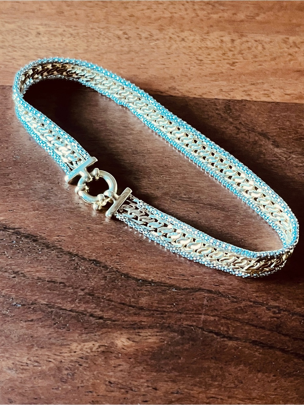 14k two tone gold bracelet 8” mesh with silver rows ring clasp made in Italy - Picture 2 of 15